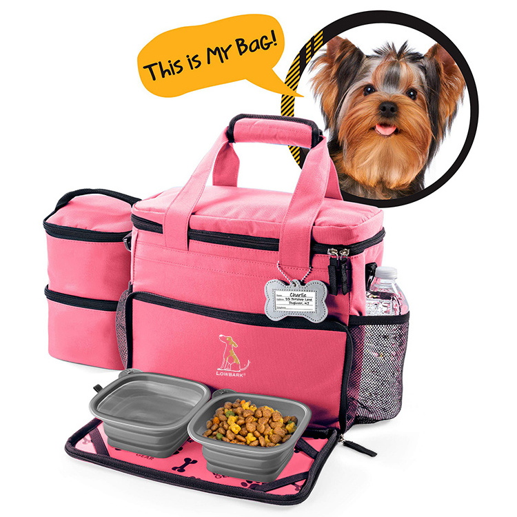 QQgift custom Week Away Dog Travel Bag for Small Dogs Includes Lined Food Carriers and 2 Collapsible Bowl dog travel food bag