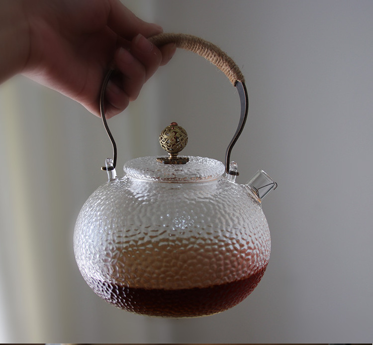 Copper handle glass teapot large capacity round high borosilicate glass kettle stripe pattern teapot electric kettle