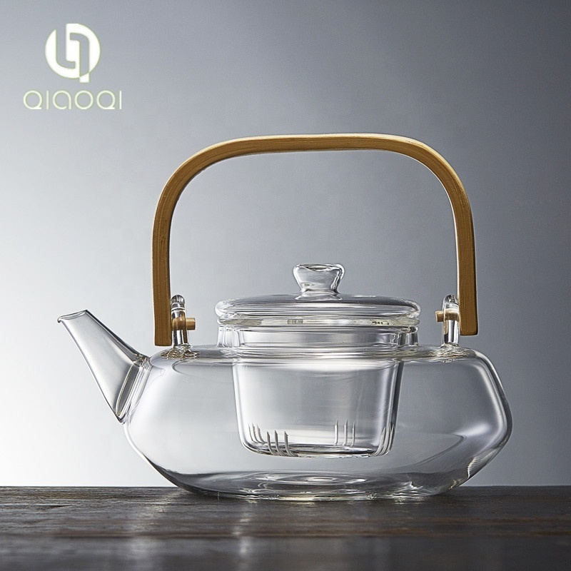 Chinese Glass Teapot with Bamboo Handle Glass Tea Kettle with Infuser