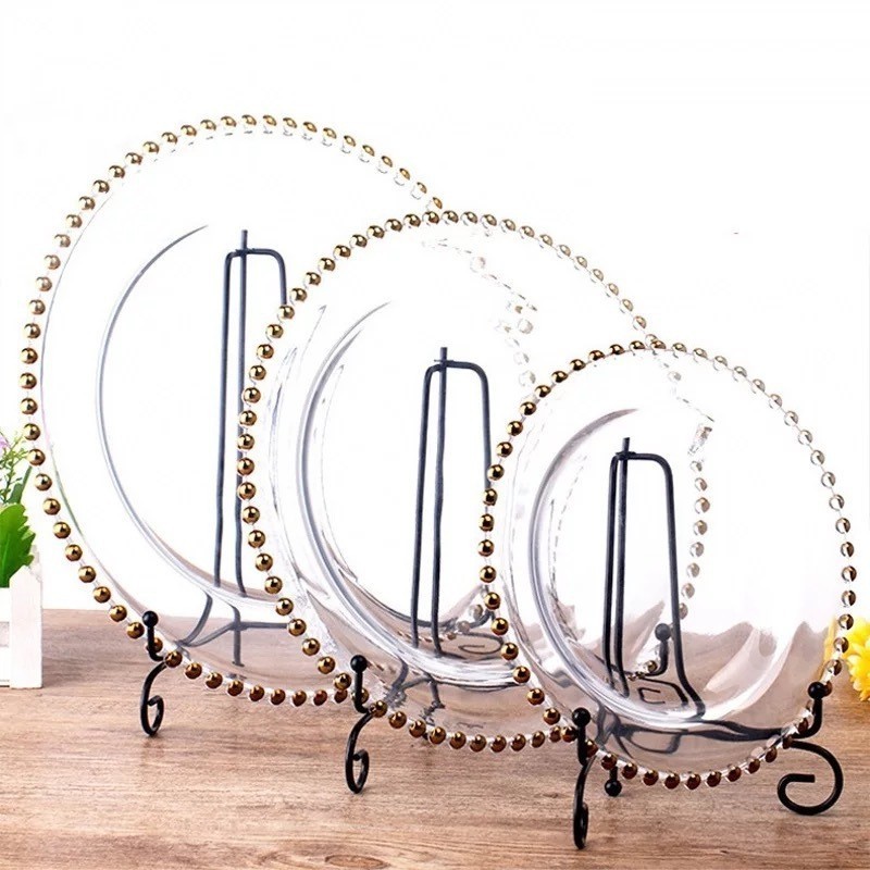 12.6 inches Transparent Glass Clear Wedding Under Antique Decorative Glass Charger Plates With Gold Beaded Rim