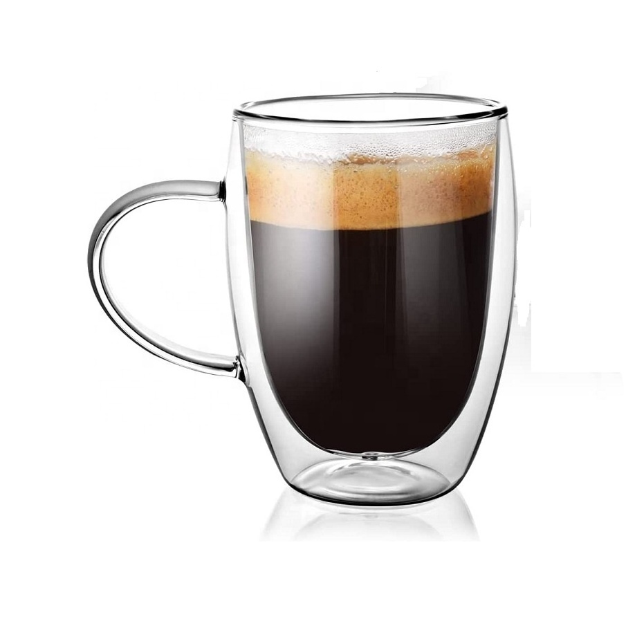 Customized Logo 150ml 250ml 350ml 450ml High Borosilicate Double Wall Glass Coffee Cup Mug with Handle