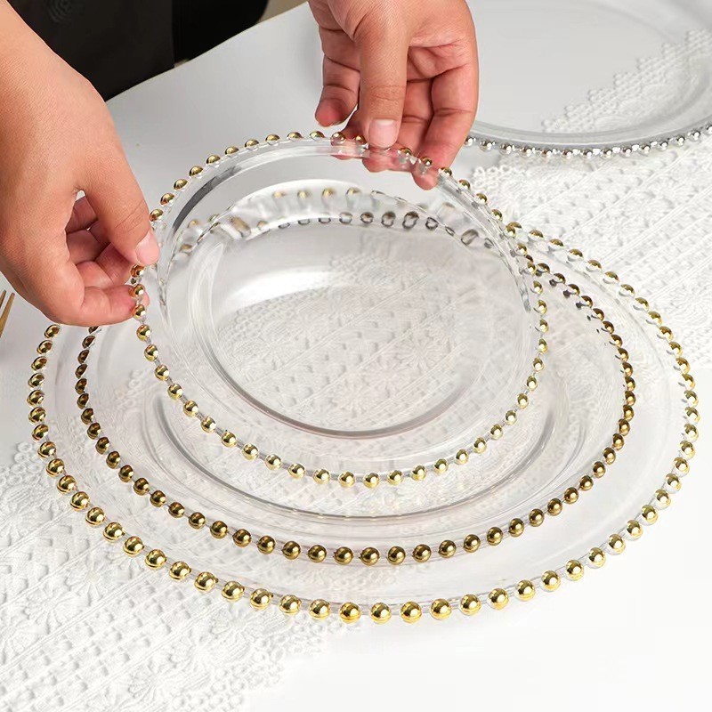 12.6 inches Transparent Glass Clear Wedding Under Antique Decorative Glass Charger Plates With Gold Beaded Rim