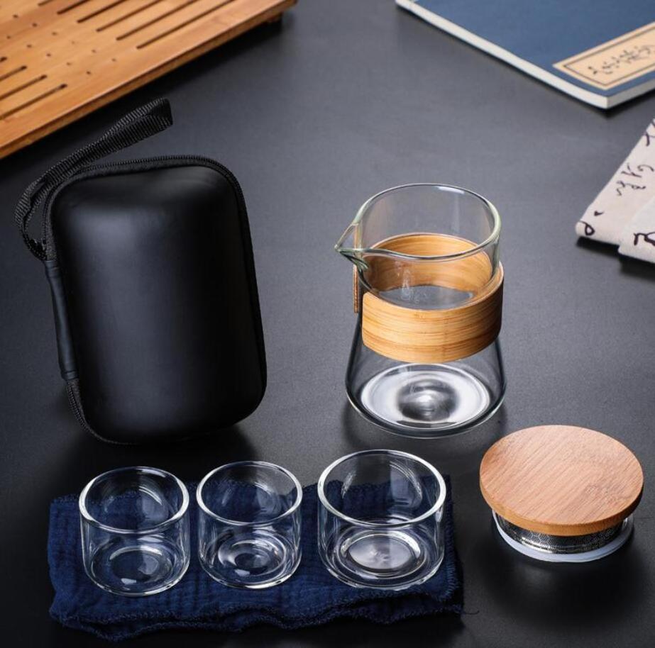 Glass travel tea set Portable tea set Car outdoor simple travel carry-on quick cup one pot three cups set