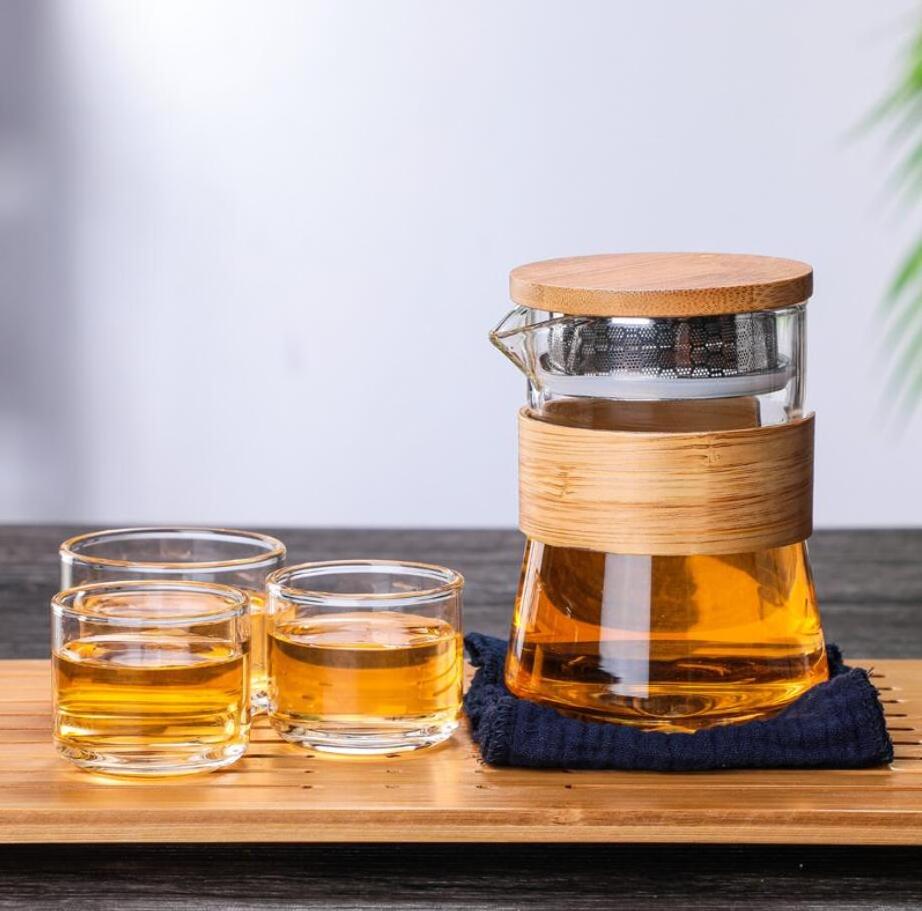 Glass travel tea set Portable tea set Car outdoor simple travel carry-on quick cup one pot three cups set