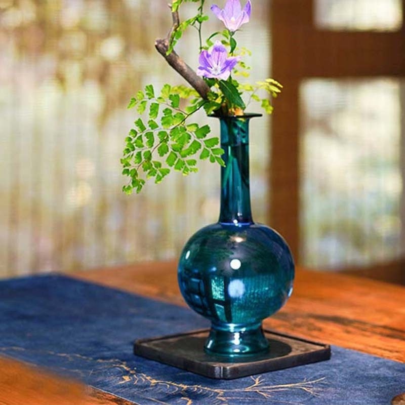 Peacock Blue New Chinese Simple Glass Vase Zen Glazed Flower Arrangement Home Living Room Decoration