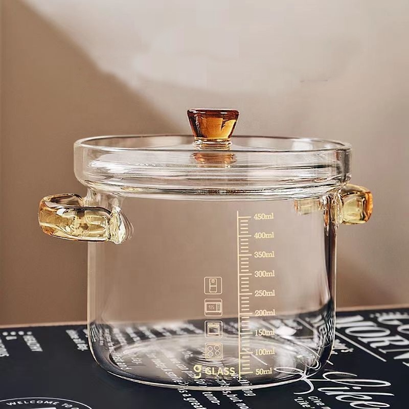 Customized Handmade 450ML  Glass Soup Pot Cooking Pot With Handles Heat Resistant Kitchen Cooking Tool Glass Cookware