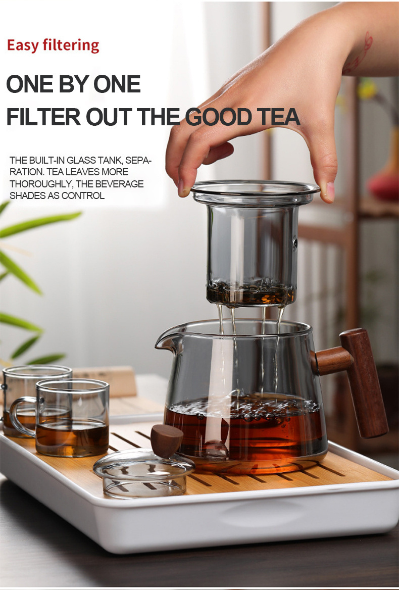 High borosilicate glass smoke grey wood handle Heat Resistant Glass Teapot With Infuser Glass Tea Kettle