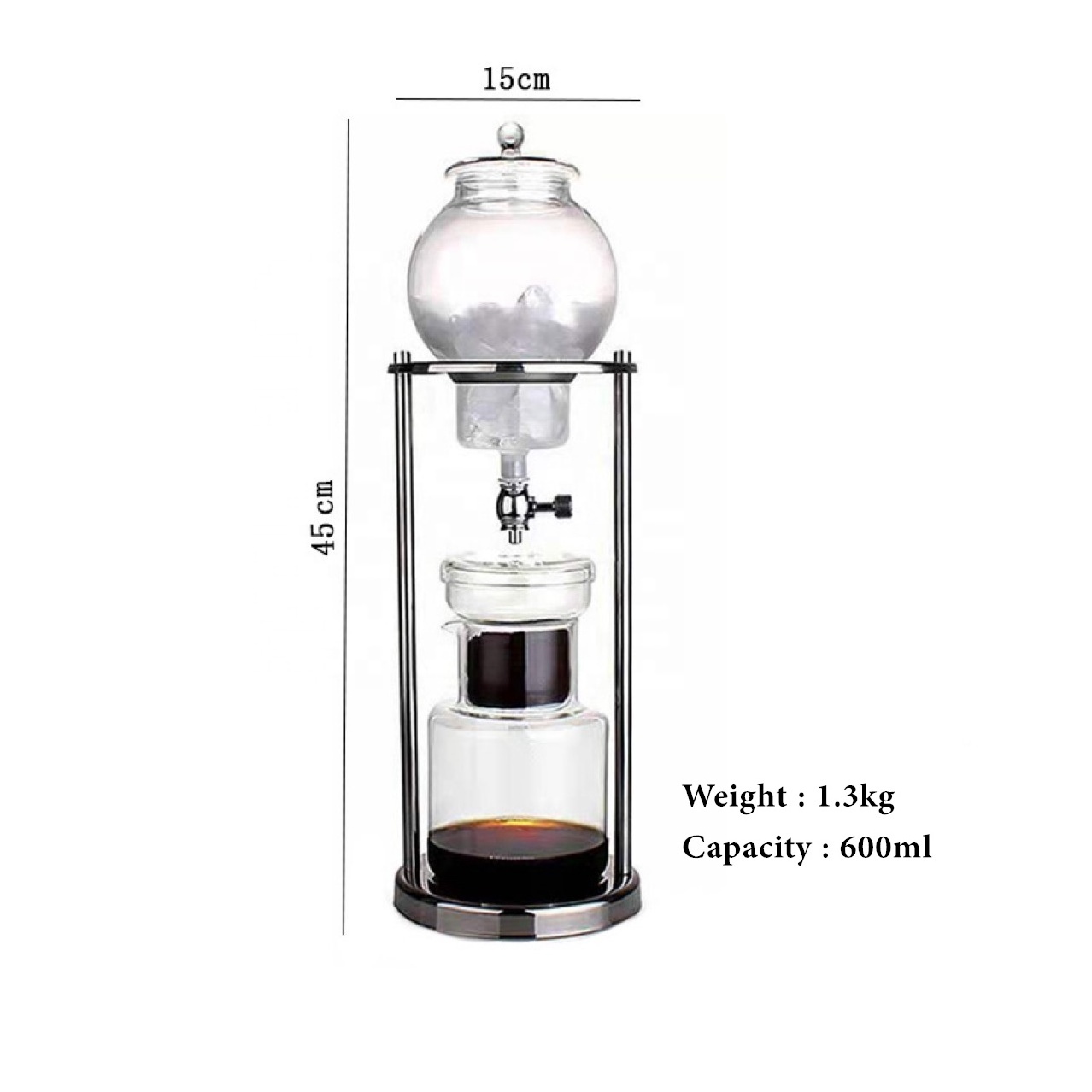 New 600ml glass coffee ice drip pot cold brew tea coffee maker with stainless steel stand