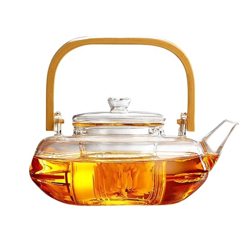 Chinese Glass Teapot with Bamboo Handle Glass Tea Kettle with Infuser