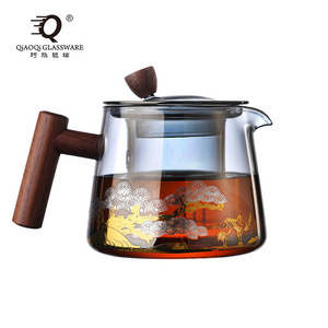 High borosilicate glass smoke grey wood handle Heat Resistant Glass Teapot With Infuser Glass Tea Kettle