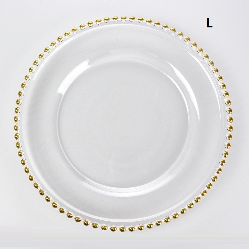 12.6 inches Transparent Glass Clear Wedding Under Antique Decorative Glass Charger Plates With Gold Beaded Rim