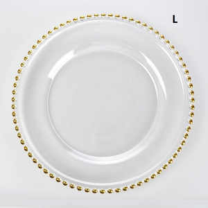 12.6 inches Transparent Glass Clear Wedding Under Antique Decorative Glass Charger Plates With Gold Beaded Rim