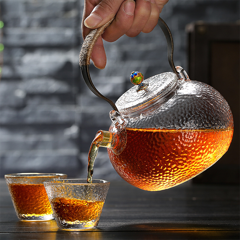 Copper handle glass teapot large capacity round high borosilicate glass kettle stripe pattern teapot electric kettle