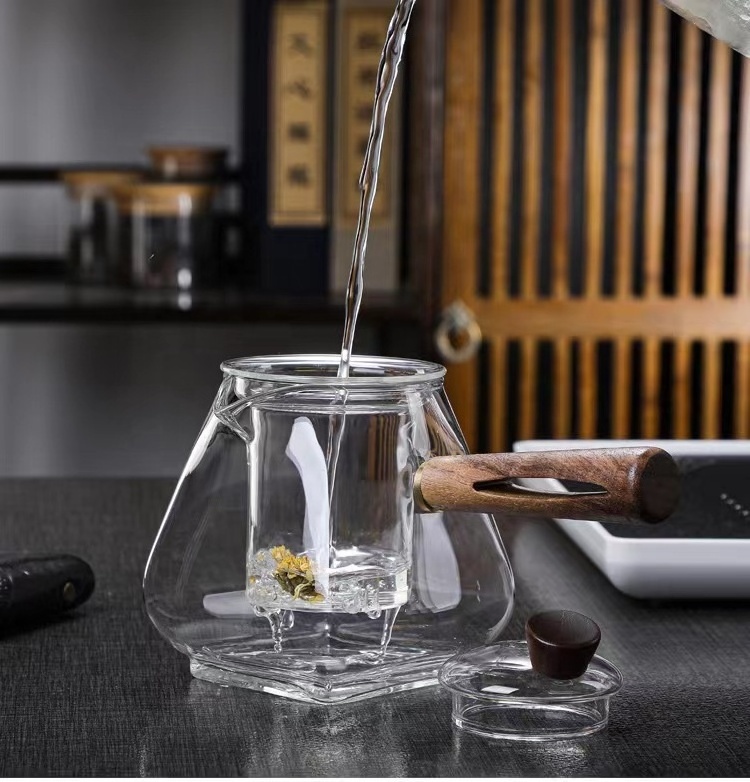 Japanese style glass teapot Special tea maker for electric clay oven Heat-resistant side handle pot with wooden handle