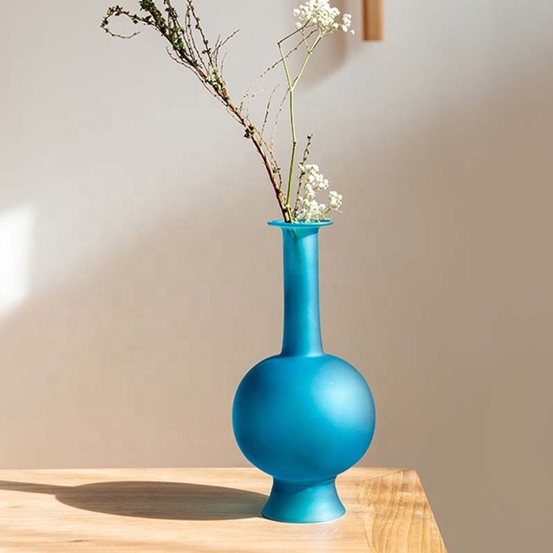 Peacock Blue New Chinese Simple Glass Vase Zen Glazed Flower Arrangement Home Living Room Decoration