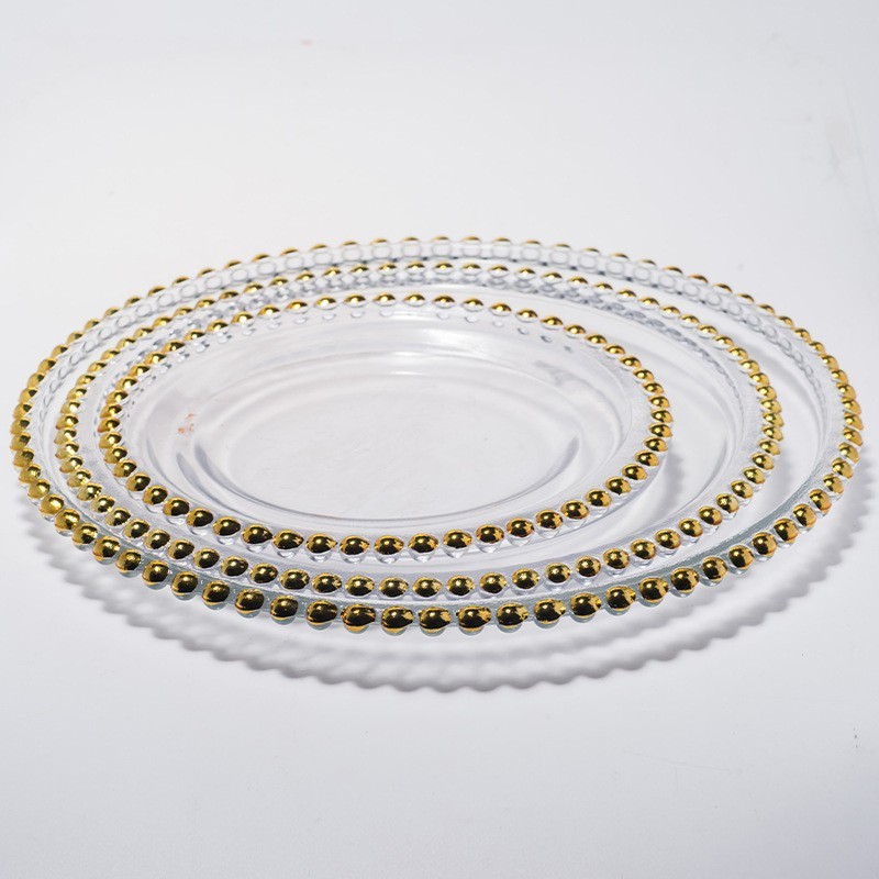 12.6 inches Transparent Glass Clear Wedding Under Antique Decorative Glass Charger Plates With Gold Beaded Rim