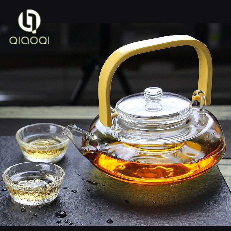 Chinese Glass Teapot with Bamboo Handle Glass Tea Kettle with Infuser