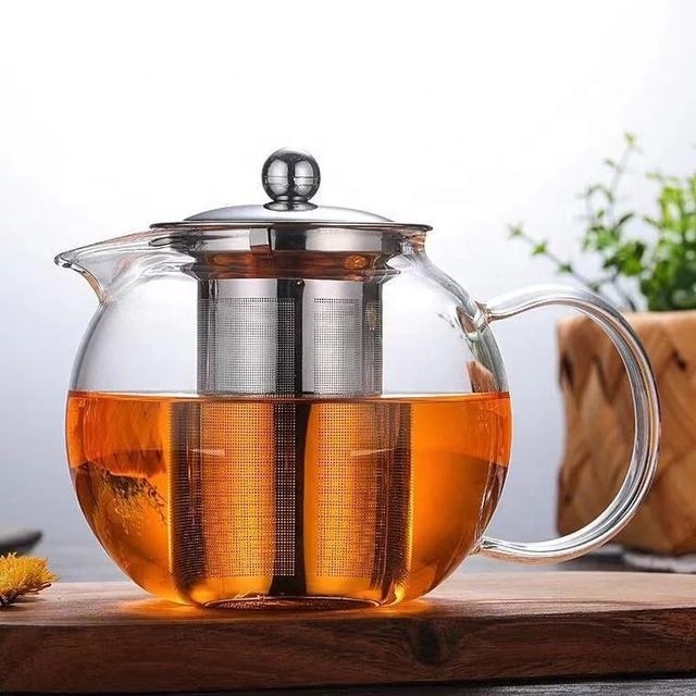 Manufacturer heat resistant borosilicate 950ml glass teapot set clear teapot with stainless steel strainer