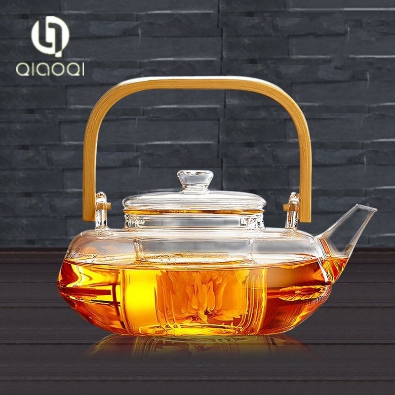 Chinese Glass Teapot with Bamboo Handle Glass Tea Kettle with Infuser