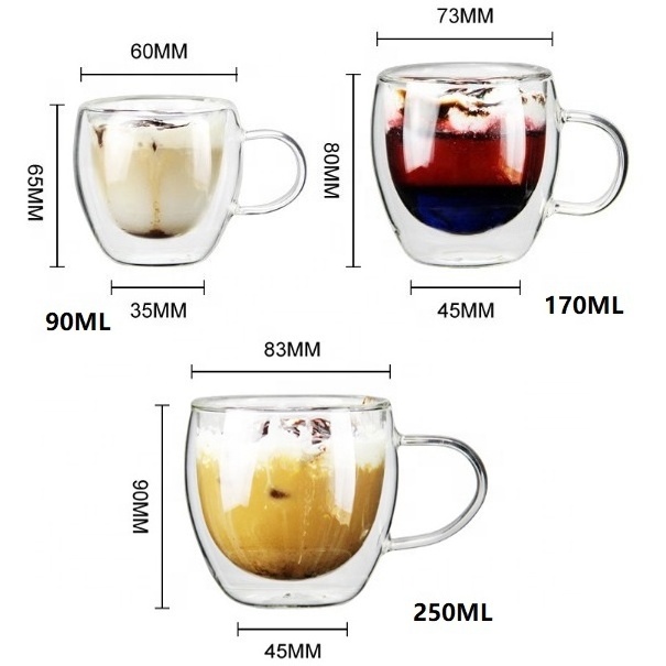 Customized Logo 150ml 250ml 350ml 450ml High Borosilicate Double Wall Glass Coffee Cup Mug with Handle