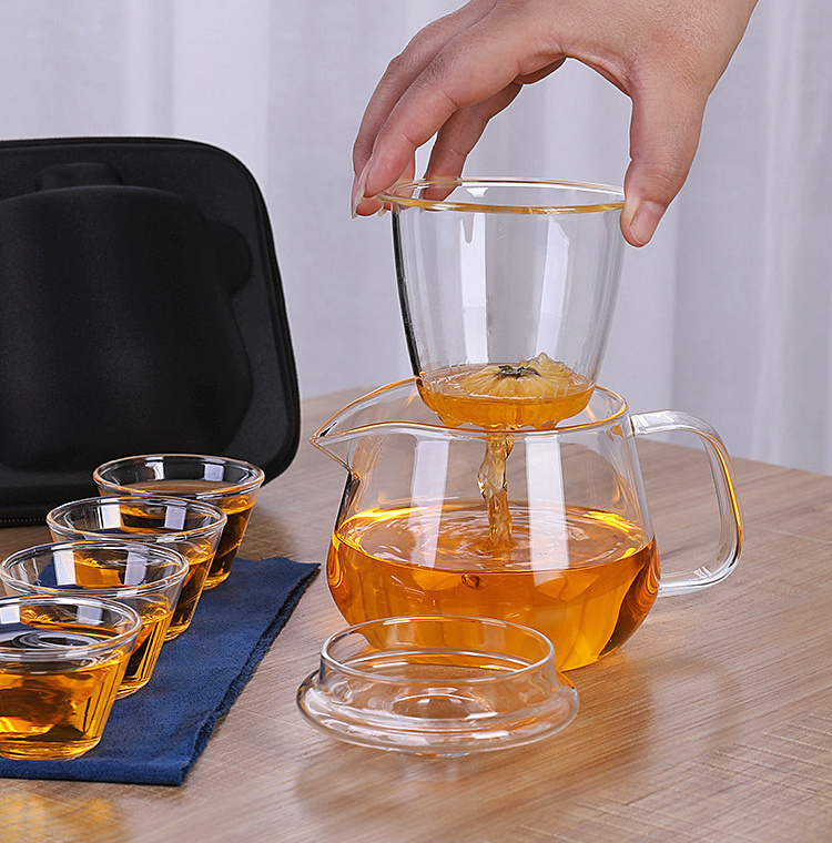 Portable travel bag tea set glass teapot with four tea cups portable tea set