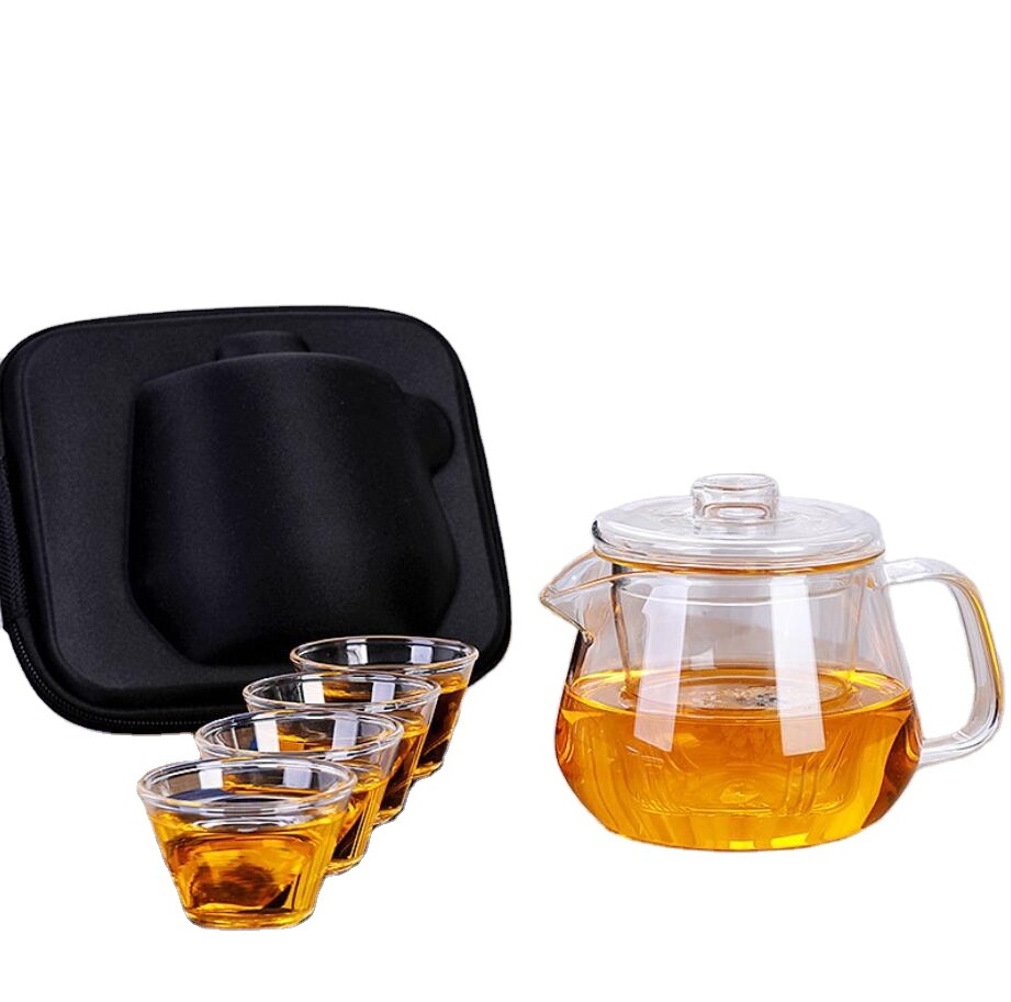 Portable travel bag tea set glass teapot with four tea cups portable tea set