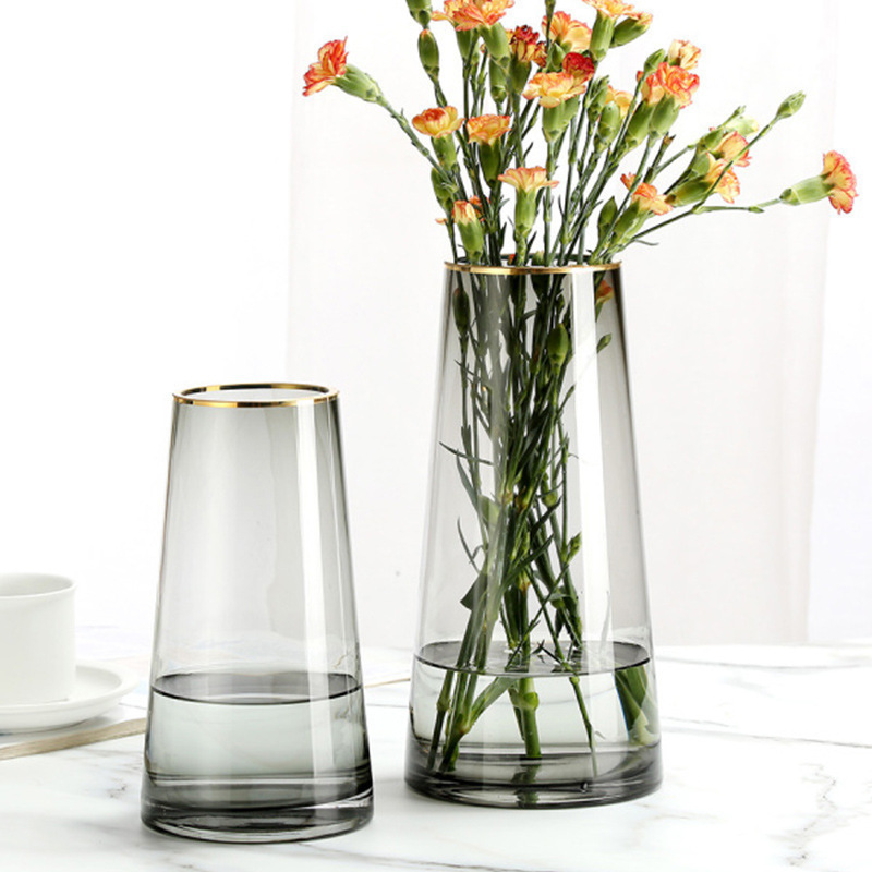 Luxury simple tracing gold glass vase smoke gray living room dried flowers flowers rich bamboo flower arrangement vase