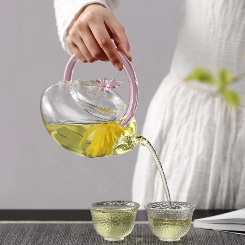 700ml Wholesale High Borosilicate Glass Flower Teapot Glass Tea Maker with Handle