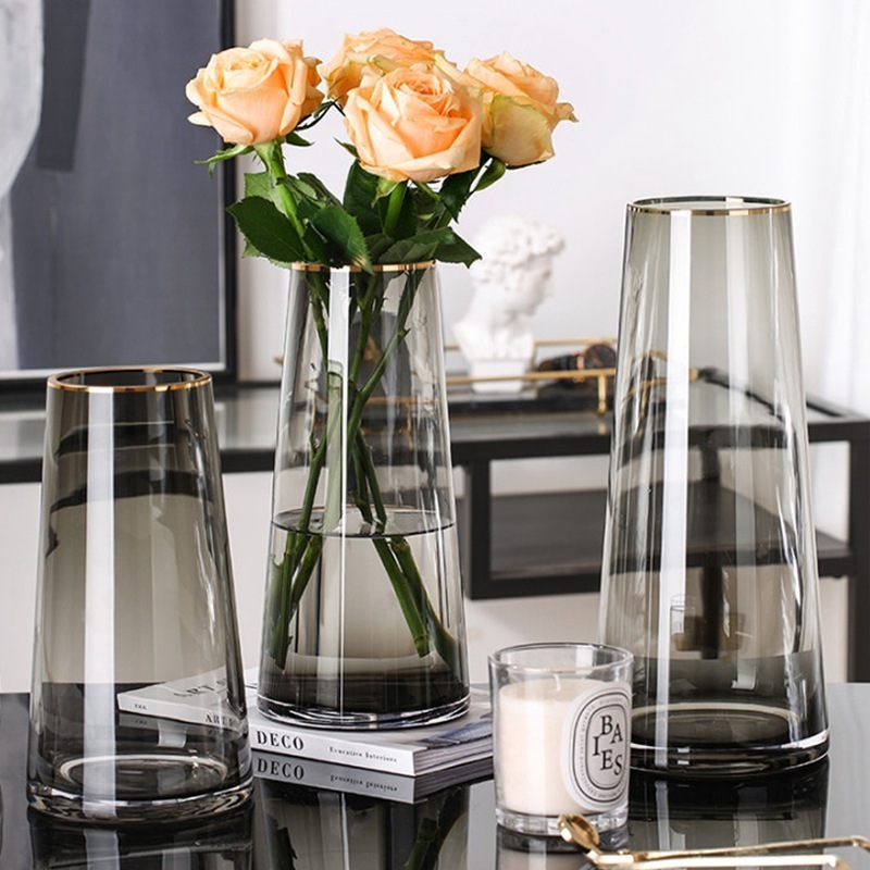 Luxury simple tracing gold glass vase smoke gray living room dried flowers flowers rich bamboo flower arrangement vase