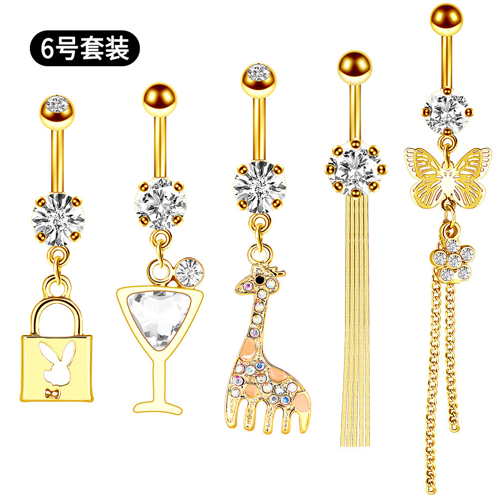 5pcs/set 316l Stainless Steel Dangle Belly Button Ring Navel Ring Jewelry Clear Zircon Inlay Body Piercing Jewelry For Women