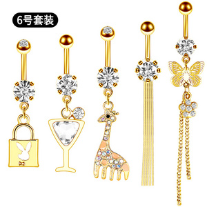 5pcs/set 316l Stainless Steel Dangle Belly Button Ring Navel Ring Jewelry Clear Zircon Inlay Body Piercing Jewelry For Women