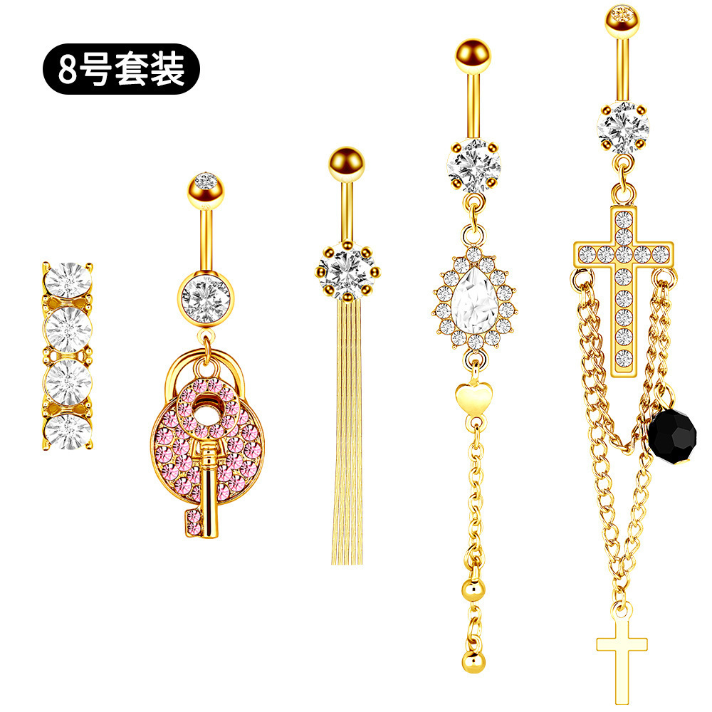 5pcs/set 316l Stainless Steel Dangle Belly Button Ring Navel Ring Jewelry Clear Zircon Inlay Body Piercing Jewelry For Women