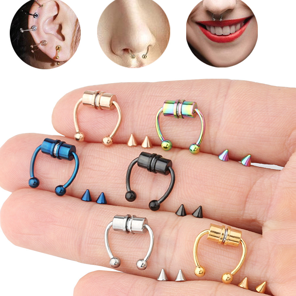 Non Piercing Stainless Steel Gold Fake Nostril Piercing Jewelry Horseshoe Hoop Nose Ring Set Faux Septum Magnetic Nose Ring