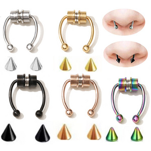 Non Piercing Stainless Steel Gold Fake Nostril Piercing Jewelry Horseshoe Hoop Nose Ring Set Faux Septum Magnetic Nose Ring