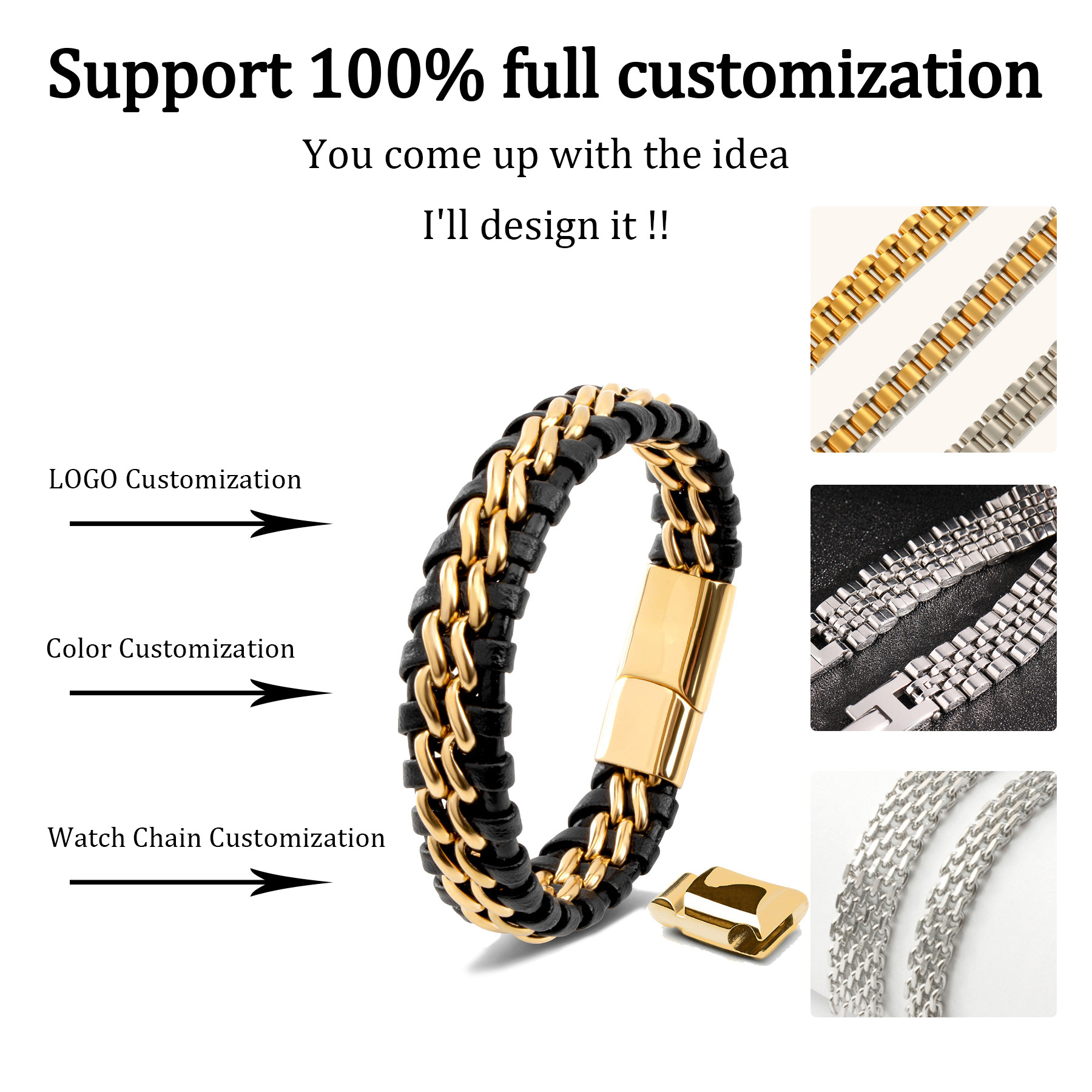 Custom logo stainless steel woven men's leather bracelet Italian charm bracelet