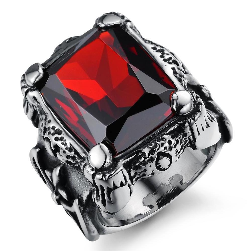 Men's Vintage Gothic Ruby Crystal Knight Cross Flower Large Charm Ring, Vintage Square Red Crystal Zircon Dragon Claw Ring/