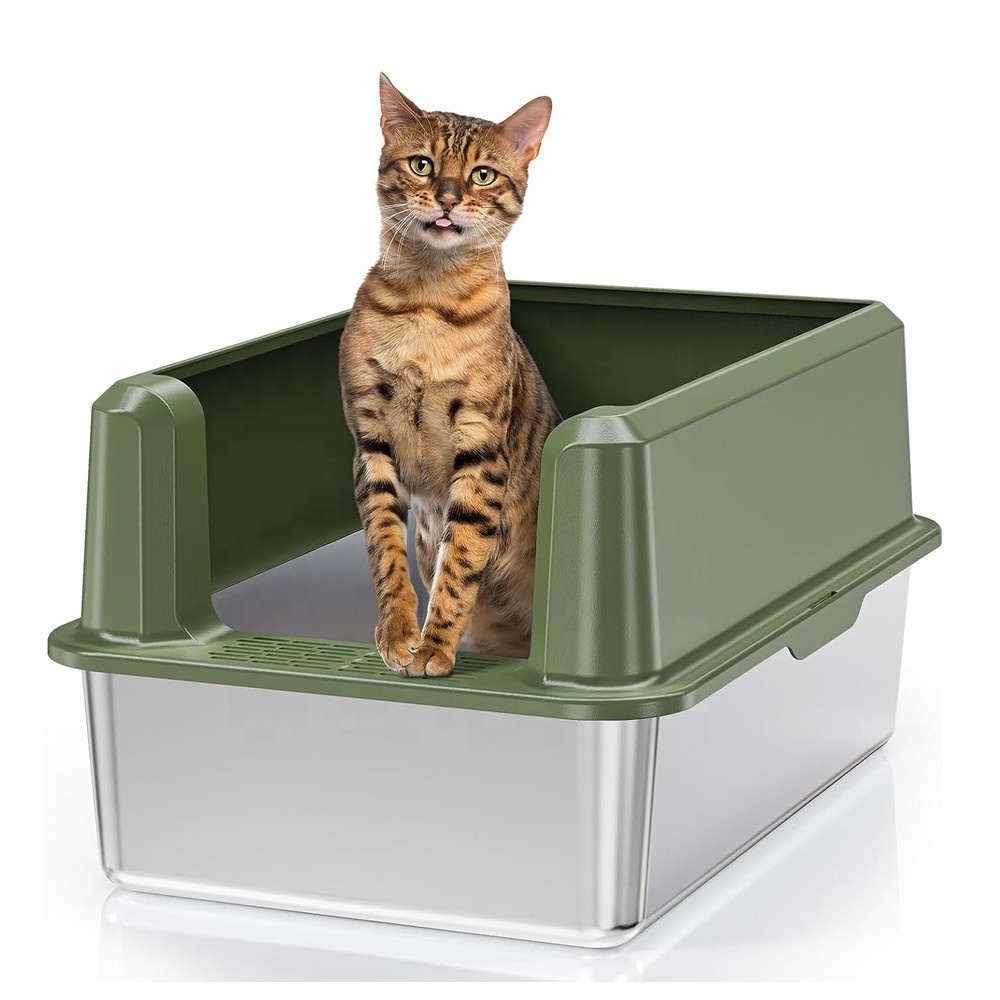 Stainless Steel Cat Litter Box,  Non-Stick, Anti-Leakage Cat Litter Box with High Side, Easy Clean Enclosure Cat Toilet