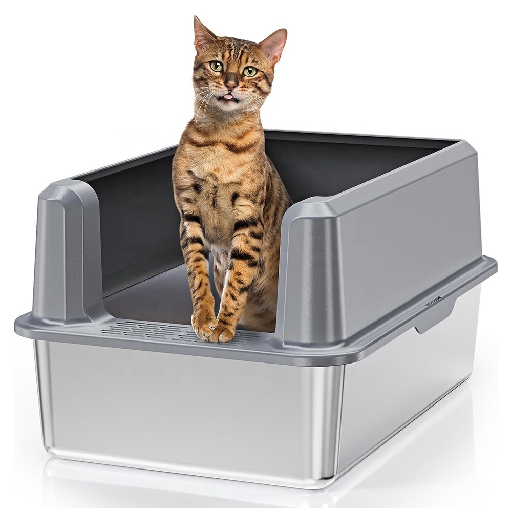 Stainless Steel Cat Litter Box,  Non-Stick, Anti-Leakage Cat Litter Box with High Side, Easy Clean Enclosure Cat Toilet