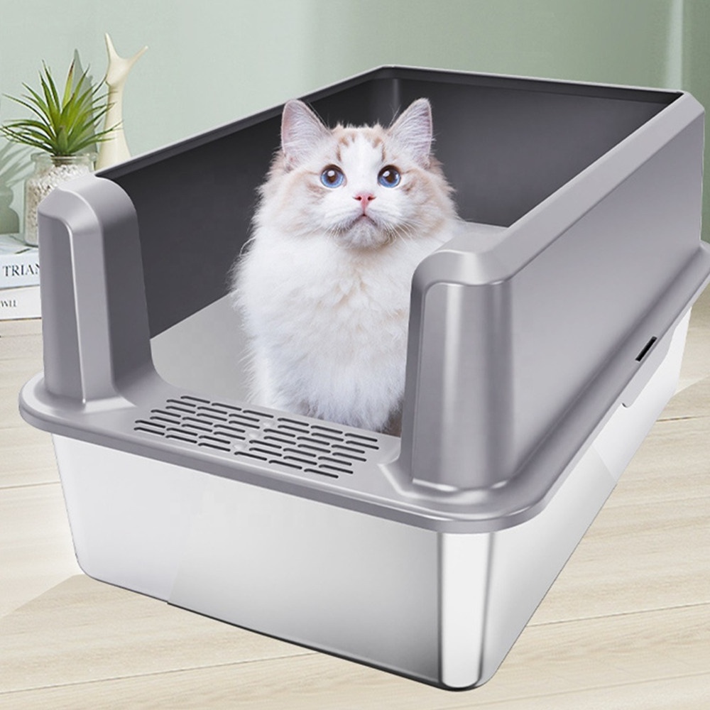 Stainless Steel Cat Litter Box,  Non-Stick, Anti-Leakage Cat Litter Box with High Side, Easy Clean Enclosure Cat Toilet