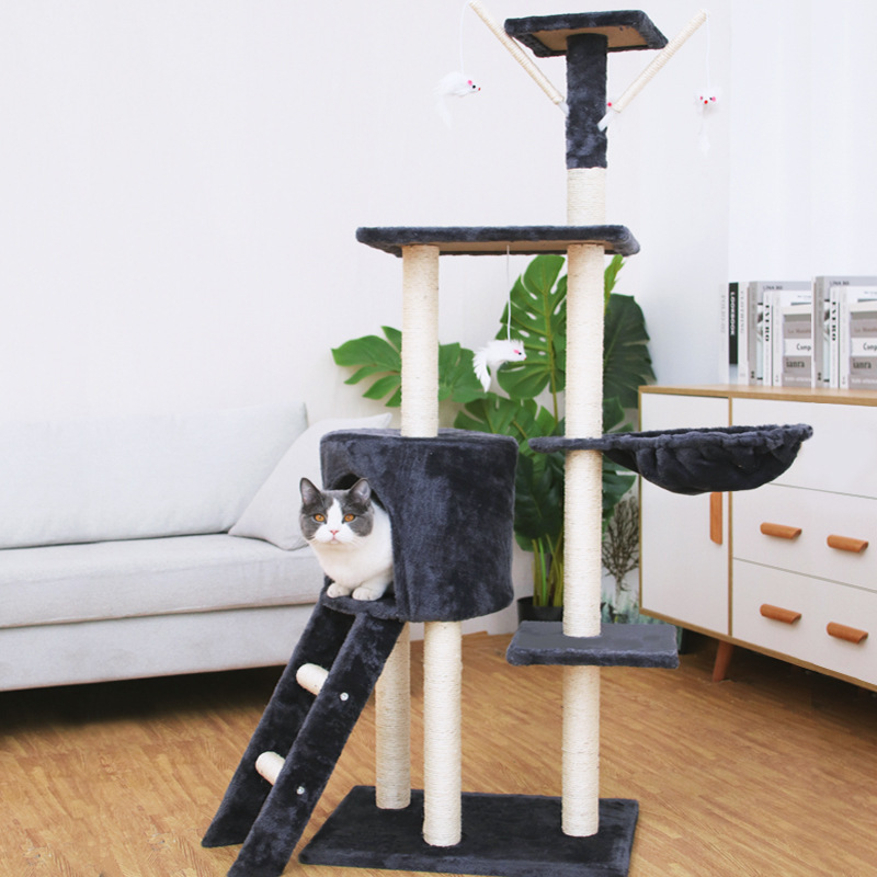 Easy Assemble Durable Multi- Level Wood Sisal Scratcher Post Cat Climbing Frame House Condo Hammock Large Cat Tree