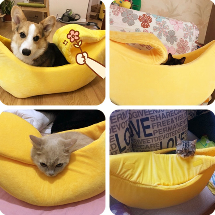 Banana Cat Bed Cozy Cute Banana Puppy Cushion Kennel Warm Portable Pet Basket Supplies Mat Beds for Cats & Kittens