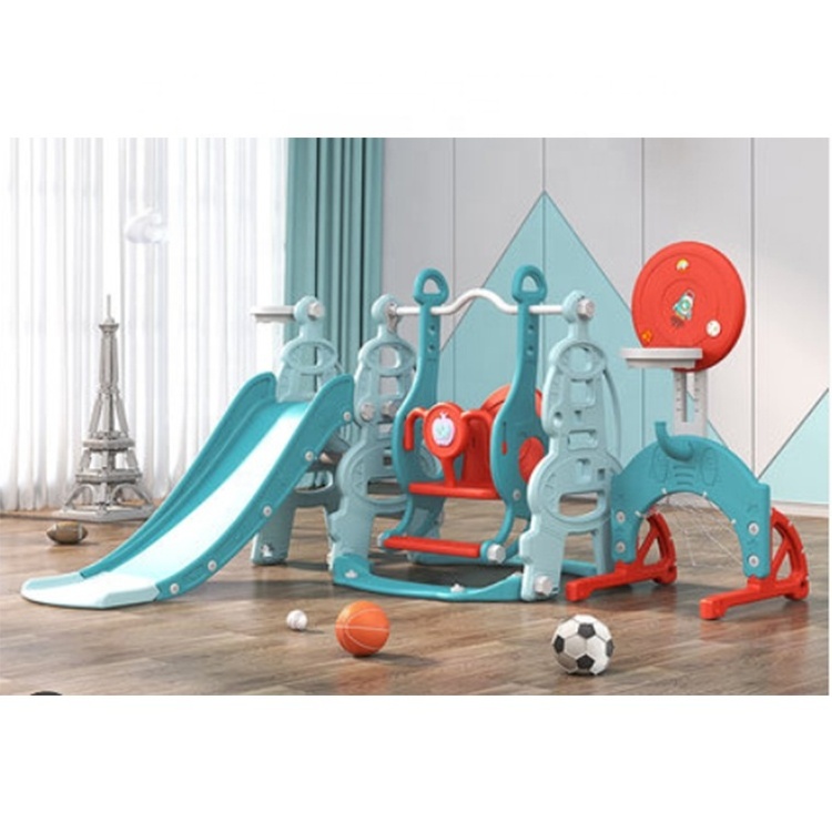 QiaoQiao indoor plastic playground kids baby slides and swing set with basketball stand