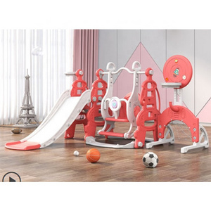 QiaoQiao indoor plastic playground kids baby slides and swing set with basketball stand