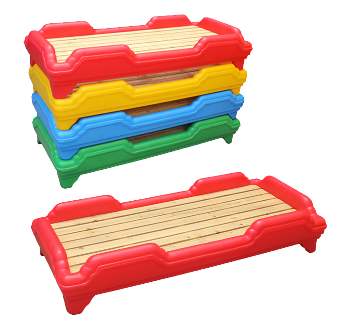 Indoor kindergarten kids plastic beds with wooden board stackable single kids bed