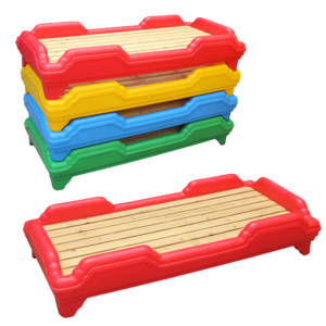 Indoor kindergarten kids plastic beds with wooden board stackable single kids bed