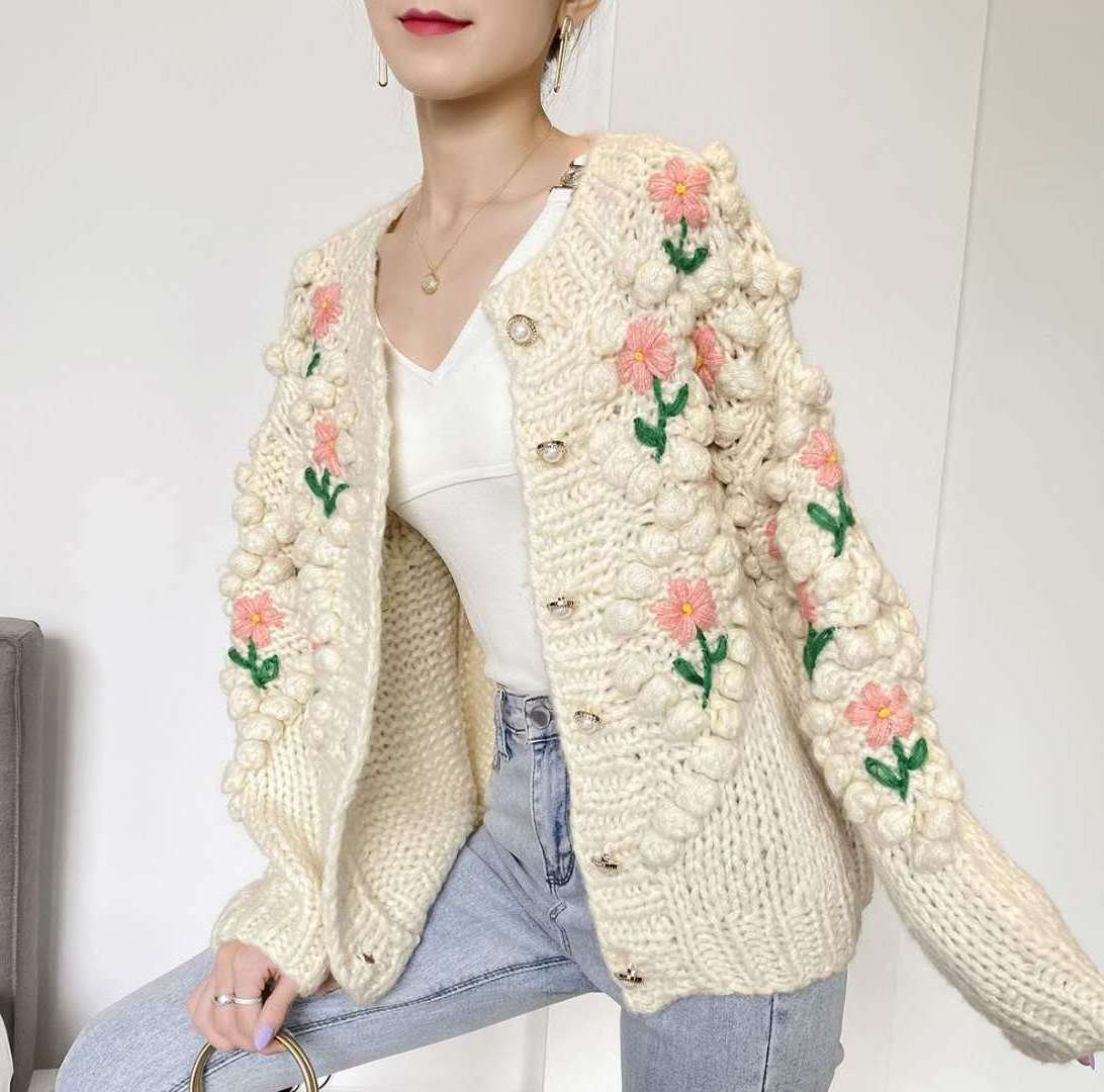 Factory Readymade Thick Women Popcom Cardigan Outwear Handmade Knit Sweater Coat For Ladies