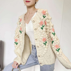 Factory Readymade Thick Women Popcom Cardigan Outwear Handmade Knit Sweater Coat For Ladies