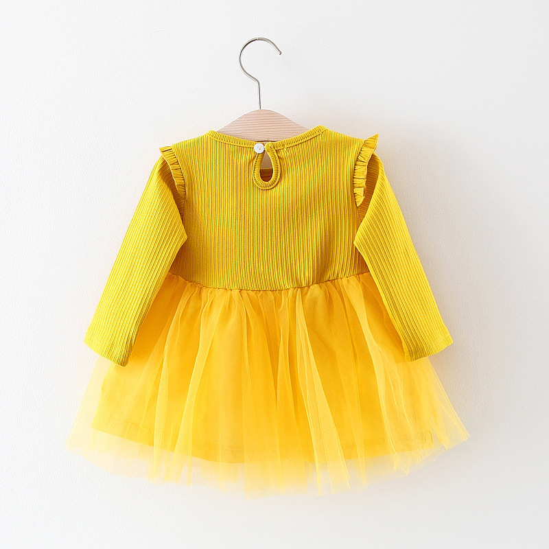 Long sleeve cotton kids first birthday yellow flower girl tulle dresses for baby