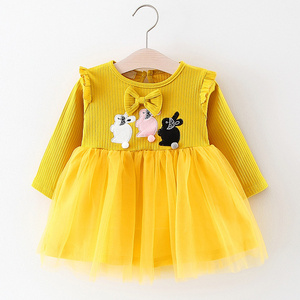 Long sleeve cotton kids first birthday yellow flower girl tulle dresses for baby