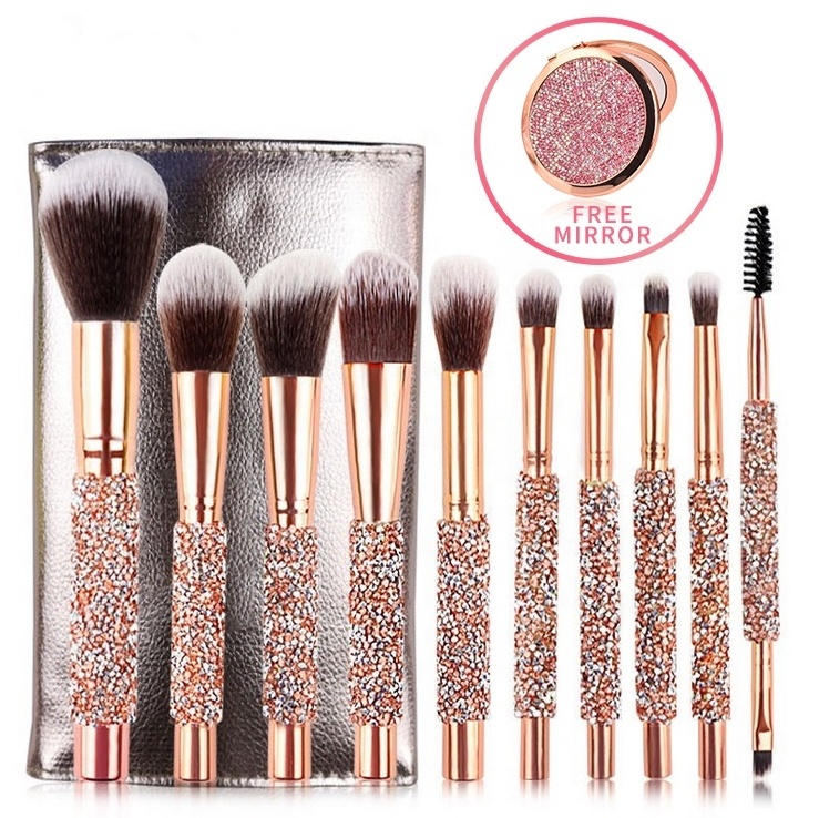 Rose golden Glitter Handle 10pcs crystal diamond foundation brush set with PU bag makeup brushes